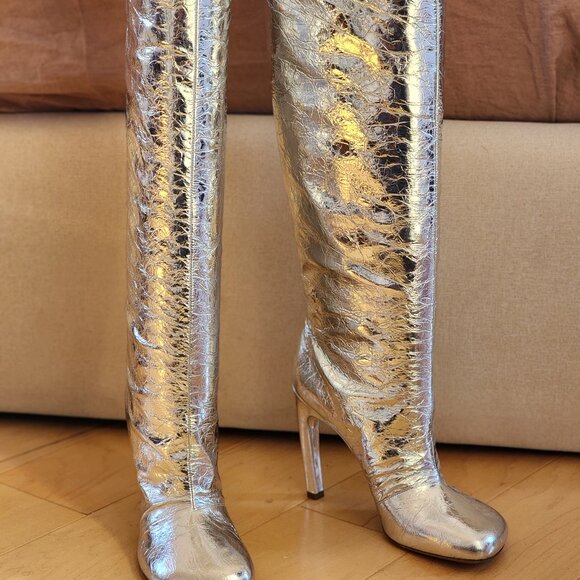Dries Van Noten Silver Metallic Over the Knee Boots Sz 40 - Picture 2 of 12
